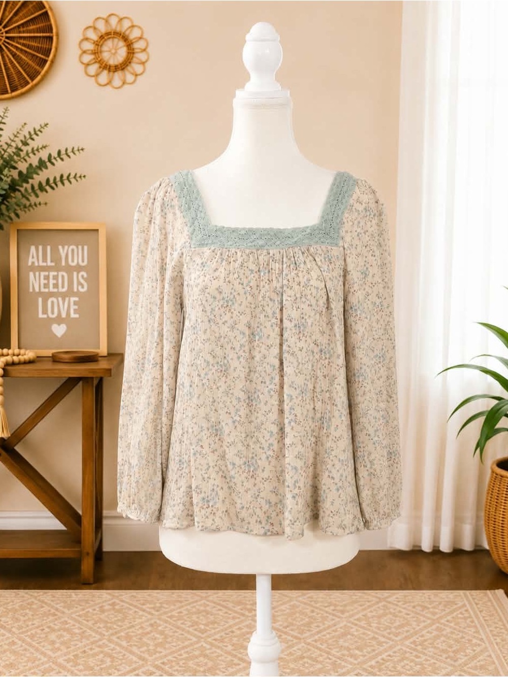 Hem & Thread Cream Floral Square-Neck Blouse with Sage Trim